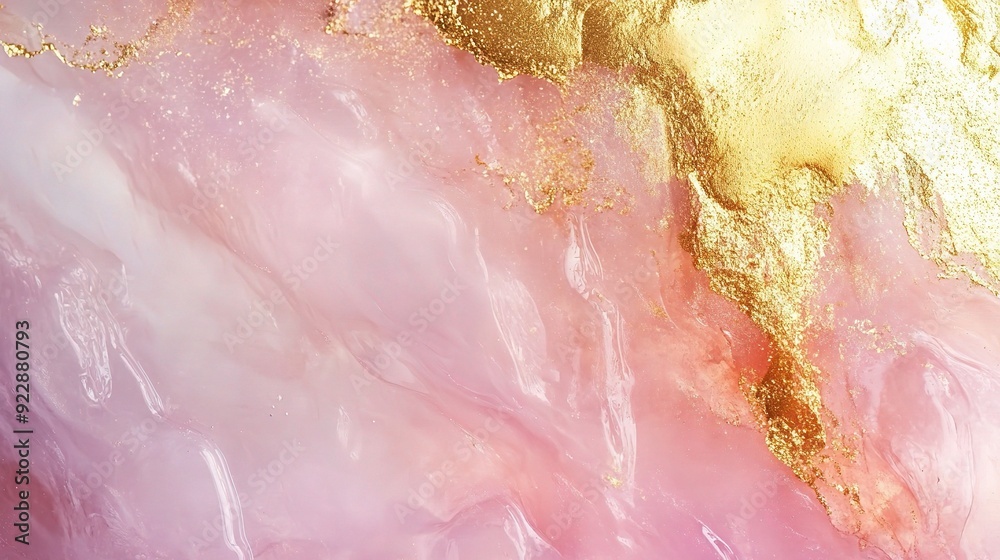 Fototapeta premium Abstract Gold and Pink Marble Swirl: A captivating close-up of a pink and gold marble swirl, with subtle streaks of white, evokes a sense of luxury and elegance.