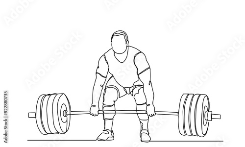 Man Fitness workout exercise Continuous line drawing of a man lifting a heavy-weight barbell. A male bodybuilder is doing exercise in the gym center. Healthy lifestyle concept.