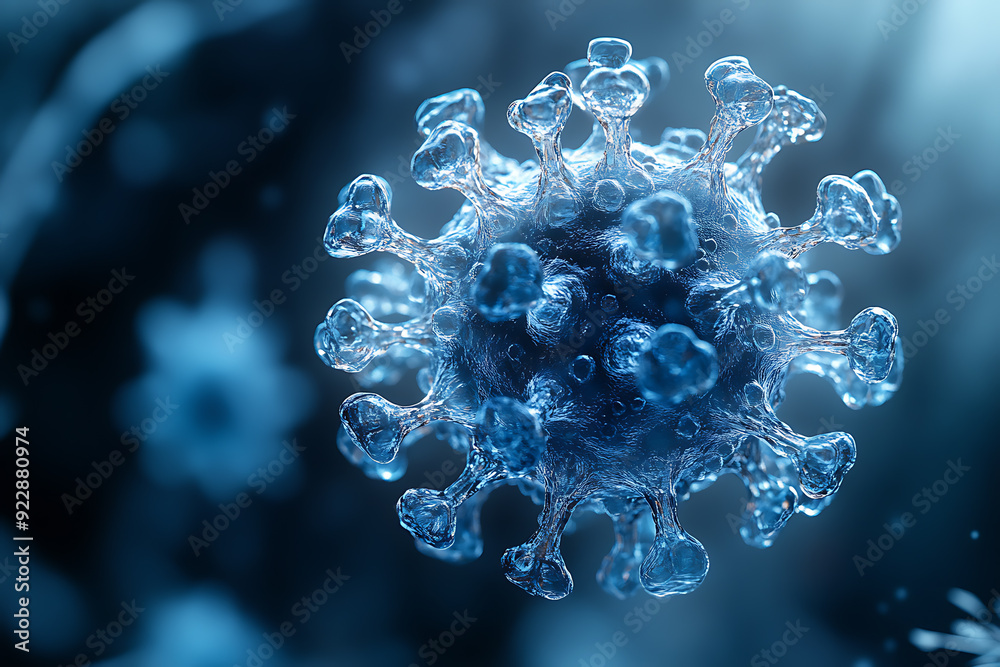 Obraz premium Detailed 3D rendering of a virus molecule with prominent red spike proteins, emphasizing its structure against a dark, blurry background. 