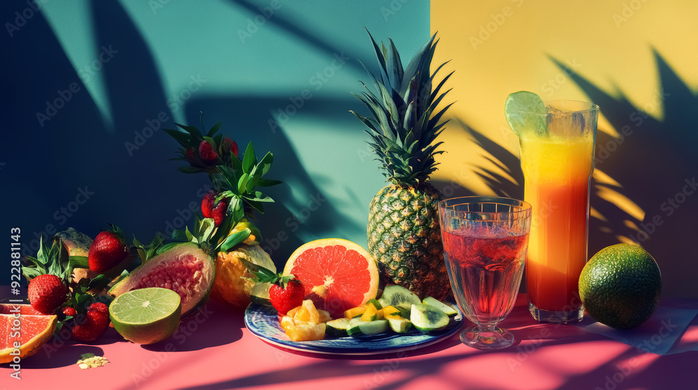 Fresh Tropical Fruit and Juice Arrangement on Colorful Background Fresh Tropical Fruit and Juice Arrangement on Colorful Background