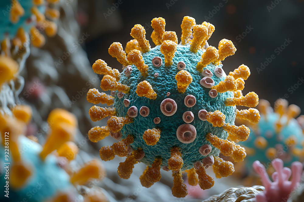 Detailed 3D rendering of a virus molecule with prominent red spike proteins, emphasizing its structure against a dark, blurry background.
Detailed 3D rendering of a virus molecule with prominent red spike proteins, emphasizing its structure against a dark, blurry background.