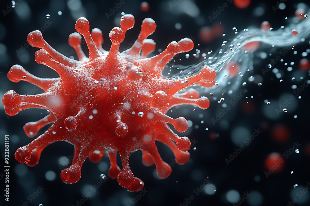 Fototapeta premium Detailed 3D rendering of a virus molecule with prominent red spike proteins, emphasizing its structure against a dark, blurry background. 