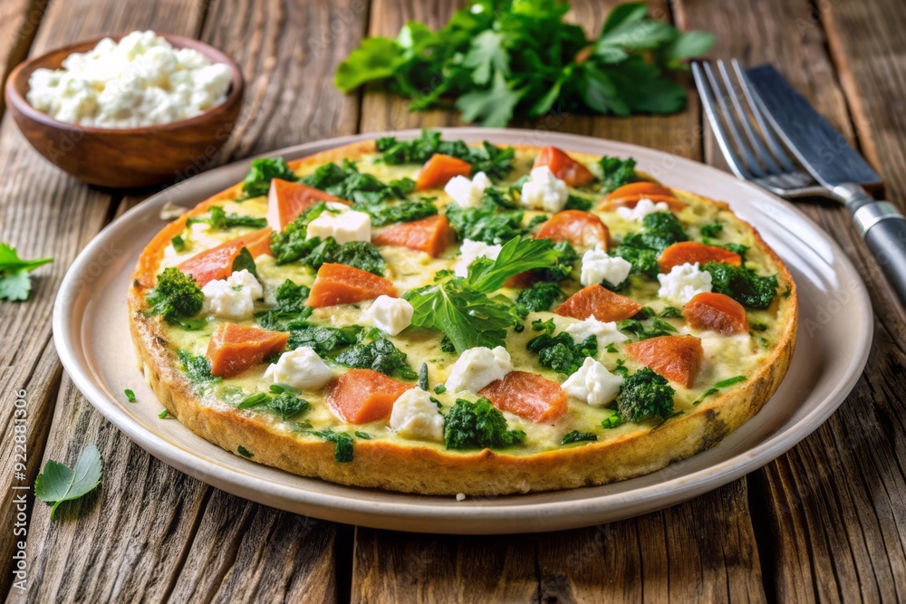 Freshly baked salmon and spinach frittata with crumbled feta cheese, garnished with chopped fresh parsley, served on a rustic wooden table with white plate. Freshly baked salmon and spinach frittata with crumbled feta cheese, garnished with chopped fresh parsley, served on a rustic wooden table with white plate.
