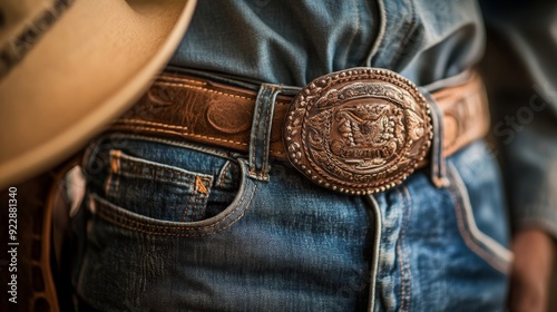 A cowboy wearing jeans and a western shirt stands proudly, showcasing a large ornate belt buckle while holding a hat.