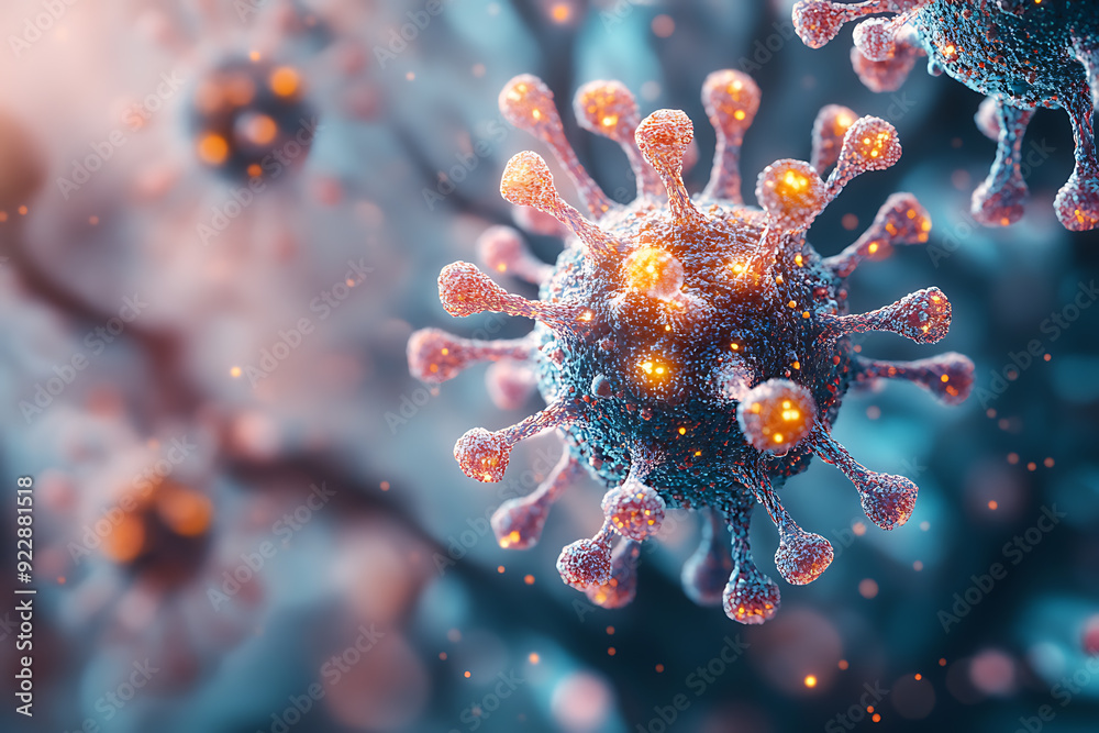 Vivid 3D rendering of virus molecules with pink and blue hues, highlighting detailed spikes and cellular structure in a vibrant setting.
Vivid 3D rendering of virus molecules with pink and blue hues, highlighting detailed spikes and cellular structure in a vibrant setting.