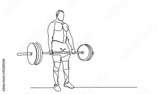 Man Fitness workout exercise Continuous line drawing of a man lifting a heavy-weight barbell. A male bodybuilder is doing exercise in the gym center. Healthy lifestyle concept.