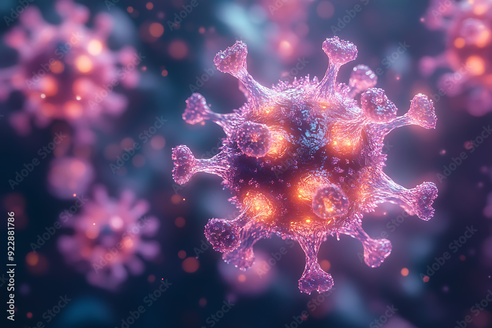 Vivid 3D rendering of virus molecules with pink and blue hues, highlighting detailed spikes and cellular structure in a vibrant setting.
Vivid 3D rendering of virus molecules with pink and blue hues, highlighting detailed spikes and cellular structure in a vibrant setting.