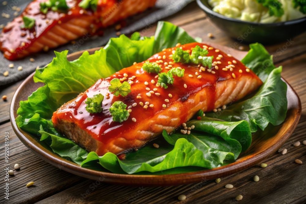 Freshly grilled Korean-style BBQ salmon fillet wrapped in crisp lettuce leaves with sesame seeds, sliced green onions, and drizzled with spicy Gochujang sauce. Freshly grilled Korean-style BBQ salmon fillet wrapped in crisp lettuce leaves with sesame seeds, sliced green onions, and drizzled with spicy Gochujang sauce.