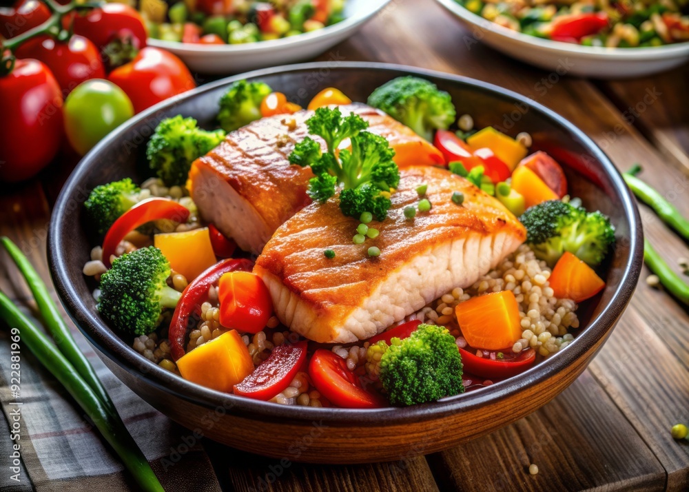 Freshly cooked quinoa bowl filled with pan-seared salmon, colorful stir-fried vegetables like bell peppers, carrots, and broccoli, garnished with green onions and sesame seeds. Freshly cooked quinoa bowl filled with pan-seared salmon, colorful stir-fried vegetables like bell peppers, carrots, and broccoli, garnished with green onions and sesame seeds.