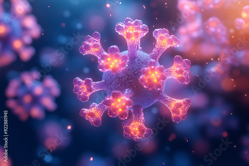 Vivid 3D rendering of virus molecules with pink and blue hues, highlighting detailed spikes and cellular structure in a vibrant setting. 