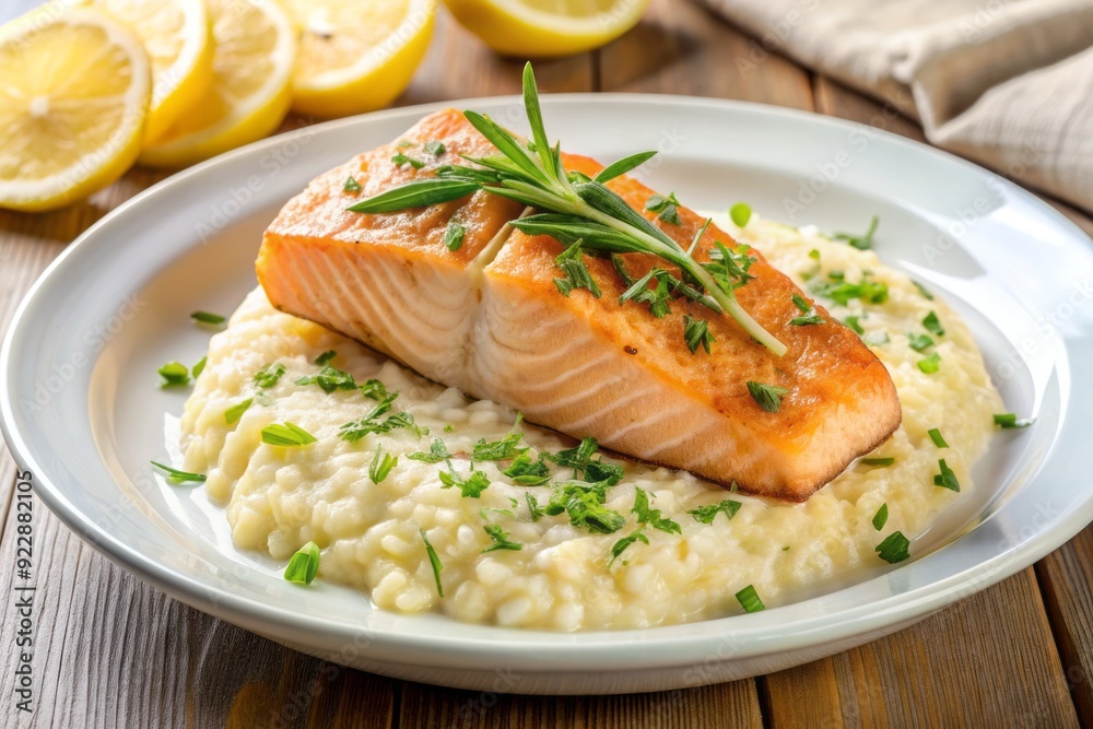 Freshly cooked salmon fillet atop a creamy lemon risotto, sprinkled with shaved parmesan cheese and garnished with a slice of lemon, on a white plate. Freshly cooked salmon fillet atop a creamy lemon risotto, sprinkled with shaved parmesan cheese and garnished with a slice of lemon, on a white plate.