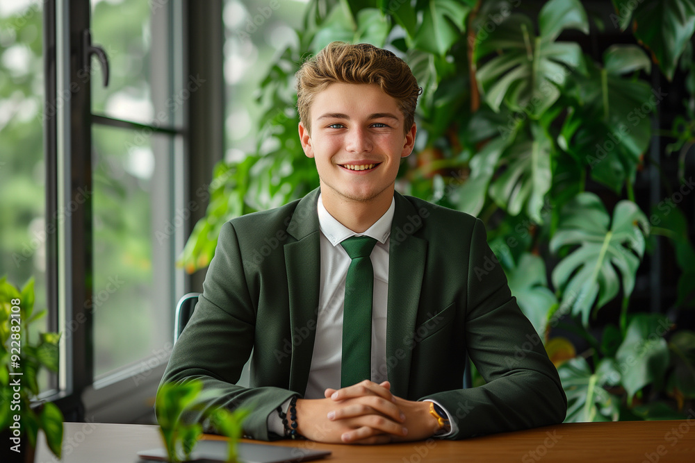 A confident and well-dressed young man in a dark green suit smiling, seated at a wooden desk in a modern, green office setting with large windows and lush plants in the background A confident and well-dressed young man in a dark green suit smiling, seated at a wooden desk in a modern, green office setting with large windows and lush plants in the background