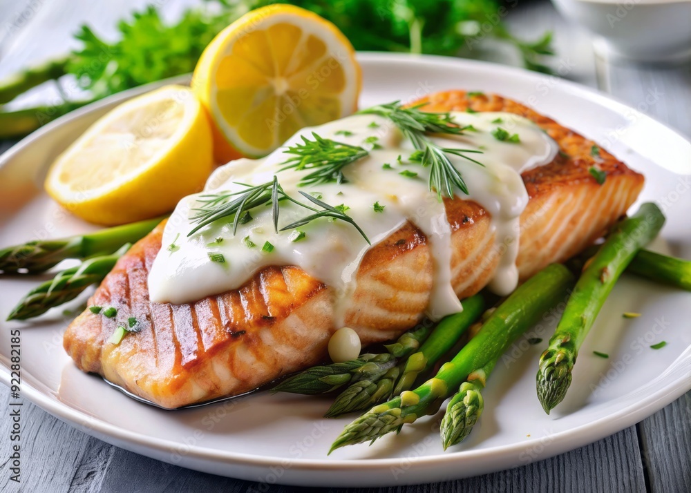 Freshly grilled salmon fillet served atop a bed of tender roasted asparagus, finished with a zesty and aromatic lemon dill sauce drizzle. Freshly grilled salmon fillet served atop a bed of tender roasted asparagus, finished with a zesty and aromatic lemon dill sauce drizzle.