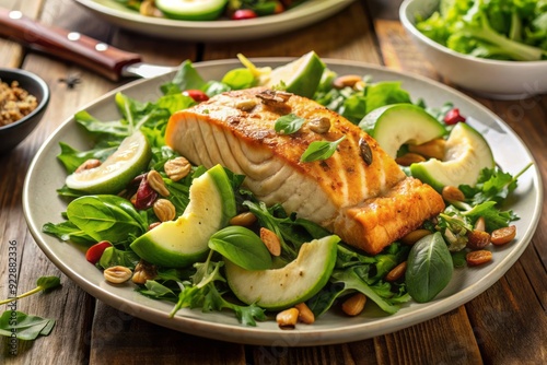 Freshly prepared mixed greens salad topped with seared salmon fillet, sliced avocado, and toasted almonds, drizzled with a light citrus vinaigrette dressing. photo