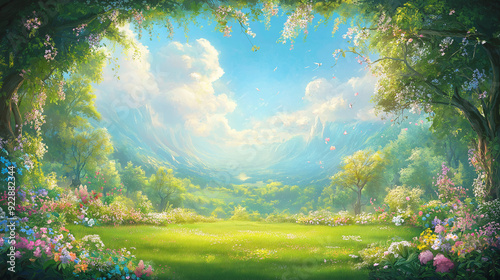 A captivating and serene artwork of a vast green meadow. In the background, the enchanting Vrindavan forest unfolds, adorned with cascading flowery vines and an explosion of vibrant flowers in full bl