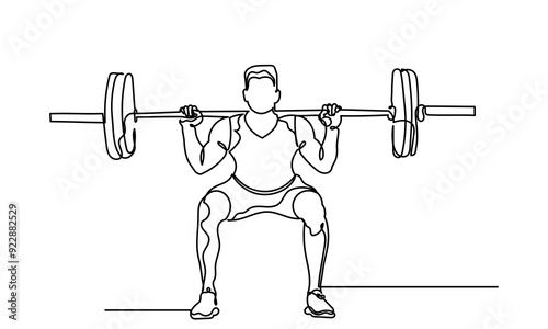 Man Fitness workout exercise Continuous line drawing of a man lifting a heavy-weight barbell. A male bodybuilder is doing exercise in the gym center. Healthy lifestyle concept.