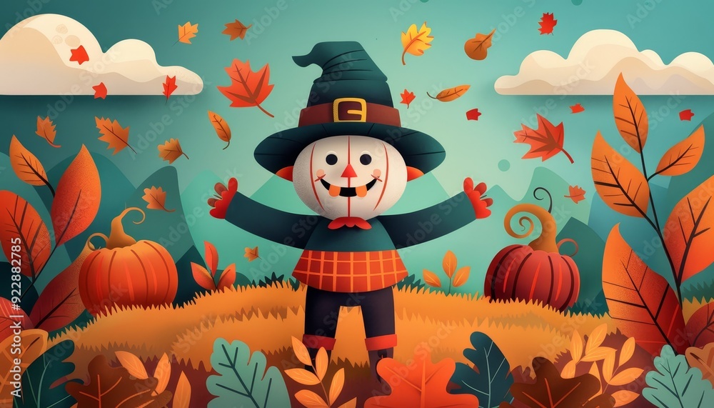Happy Scarecrow in Autumn Field
