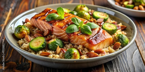 Warmly served quinoa bowl featuring roasted salmon fillet, caramelized Brussels sprouts with crispy bacon, and a sweet and tangy balsamic glaze, finished with toasted almonds and a hint of honey.