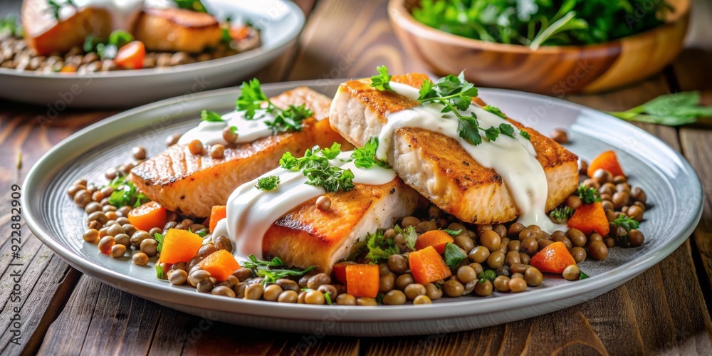 Roasted sweet potatoes overflowing with a savory mixture of pan-seared salmon, tender lentils, and fresh herbs, garnished with a dollop of creamy yogurt sauce. Roasted sweet potatoes overflowing with a savory mixture of pan-seared salmon, tender lentils, and fresh herbs, garnished with a dollop of creamy yogurt sauce.