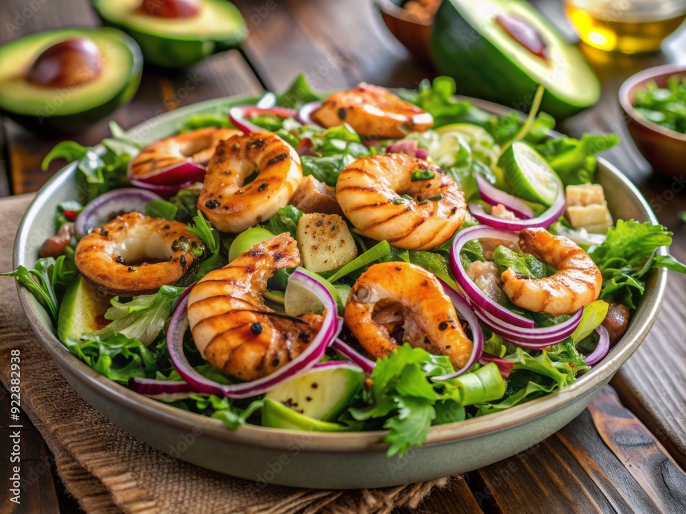 Fresh grilled shrimp tops a vibrant mixed greens salad with seared salmon, creamy avocado, thinly sliced red onion, and a drizzle of rich balsamic vinaigrette. Fresh grilled shrimp tops a vibrant mixed greens salad with seared salmon, creamy avocado, thinly sliced red onion, and a drizzle of rich balsamic vinaigrette.