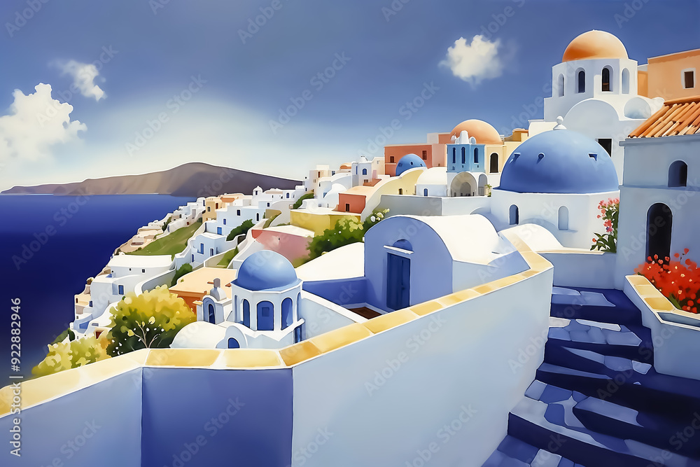 Obraz premium Greek architecture overlooking the sea. Watercolor illustration of a Mediterranean village.