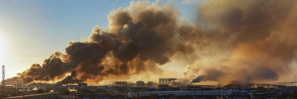 Large cloud of smoke rising from factory buildings Large cloud of smoke rising from factory buildings