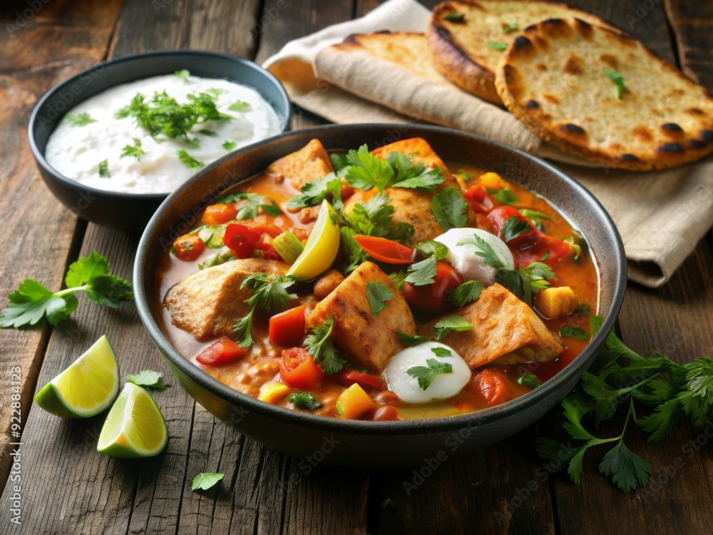 Steaming bowl of flavorful salmon and mixed vegetable curry served with crispy naan bread, garnished with fresh cilantro and a dollop of yogurt. Steaming bowl of flavorful salmon and mixed vegetable curry served with crispy naan bread, garnished with fresh cilantro and a dollop of yogurt.