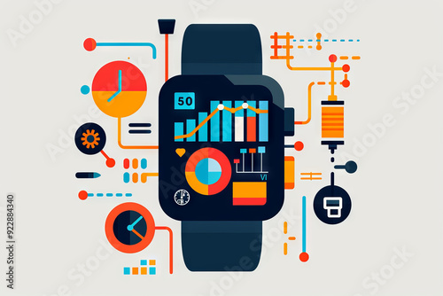 Smartwatch with infographic display showing connectivity, health data, and app integration. Concept of wearable technology, fitness tracking, and the internet of things.