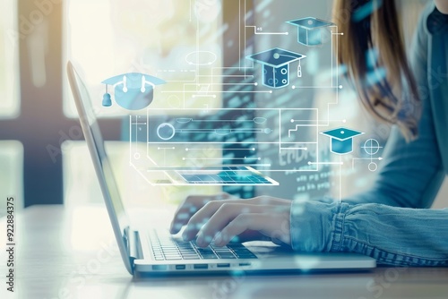 Woman Studying Online with Graduation Caps