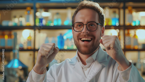 White male chemist, copy space, happily fist pumping