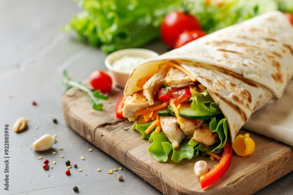 A delicious teriyaki chicken wrap filled with fresh vegetables, placed on a wooden board, with a clear background.Teriyaki.Teriyaki soy sauce.Teriyaki chicken.Asian cuisine. A delicious teriyaki chicken wrap filled with fresh vegetables, placed on a wooden board, with a clear background.Teriyaki.Teriyaki soy sauce.Teriyaki chicken.Asian cuisine.