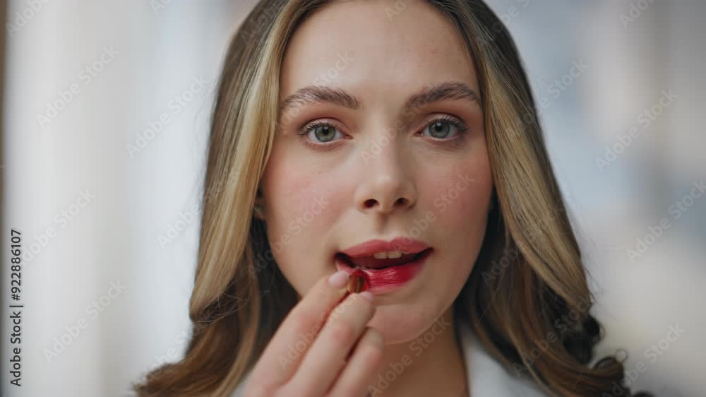 Morning woman makeup routine at home closeup. Focused lady painting lips pov Morning woman makeup routine at home closeup. Focused lady painting lips pov