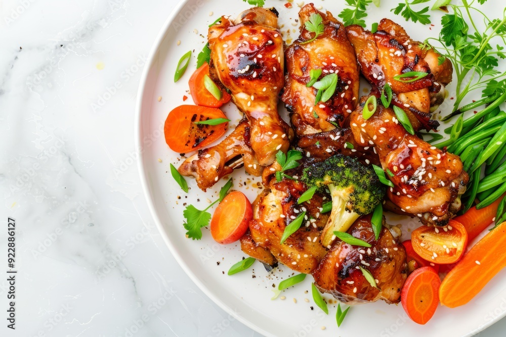 Top-down view of golden-brown teriyaki chicken pieces on a white plate, surrounded by steamed vegetables, with a clean background.Teriyaki.Teriyaki chicken.Teriyaki soy sauce.Asian cuisine Top-down view of golden-brown teriyaki chicken pieces on a white plate, surrounded by steamed vegetables, with a clean background.Teriyaki.Teriyaki chicken.Teriyaki soy sauce.Asian cuisine