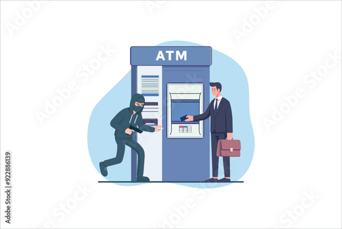 Thief or burglar stealing money from ATM. Man in the mask with money. Criminal character. Isolated illustration in cartoon style