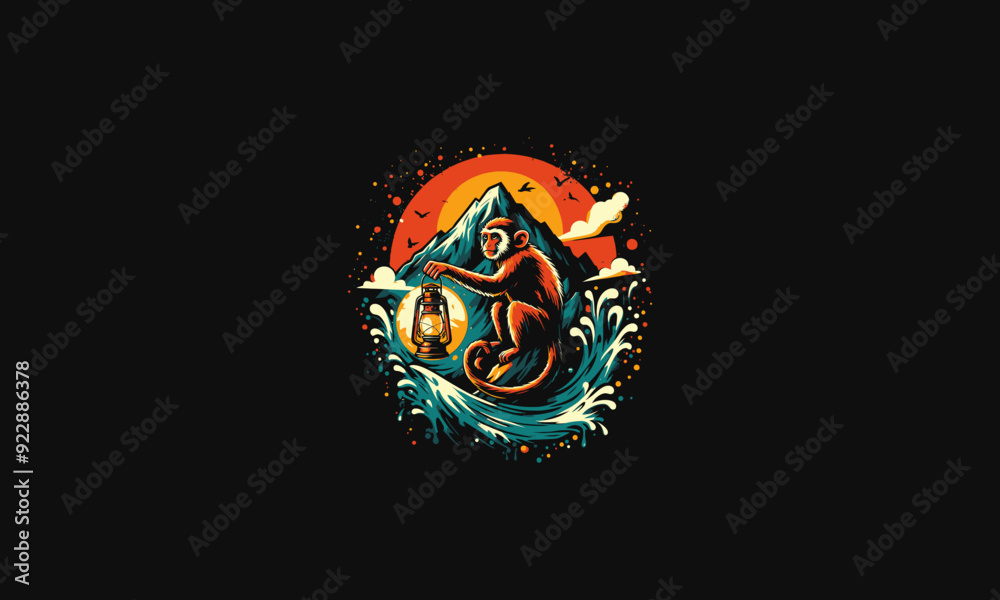Obraz premium monkey holding lantern on mountain vector artwork design