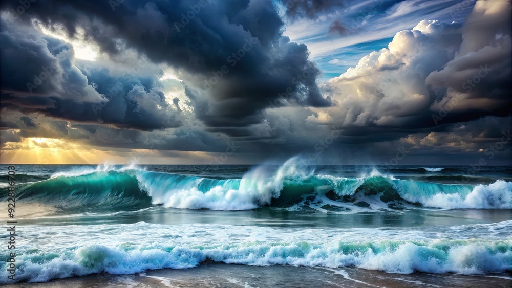 Fototapeta premium Stormy ocean with crashing waves and dark clouds overhead, ocean, stormy, waves, turbulent, dramatic, dark clouds, weather