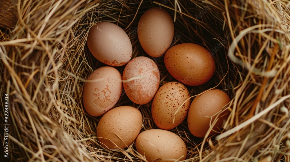 Photo of fresh eggs in straw, top view, full frame. close up photo style. Photo of fresh eggs in straw, top view, full frame. close up photo style.