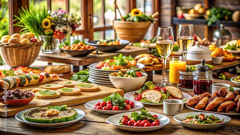 A close-up shot of a beautifully set table with a variety of delicious food on display, dining, mealtime, feast A close-up shot of a beautifully set table with a variety of delicious food on display, dining, mealtime, feast