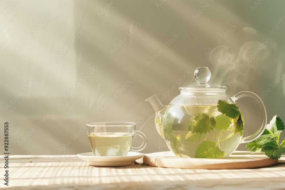 A clear glass teapot and cup filled with nettle tea, with steam rising, set on a light wooden surface.Healthy nettle tea.Nettle tea.Nettle herbal tea.Nettle leaves.Nettle leaf tea. A clear glass teapot and cup filled with nettle tea, with steam rising, set on a light wooden surface.Healthy nettle tea.Nettle tea.Nettle herbal tea.Nettle leaves.Nettle leaf tea.