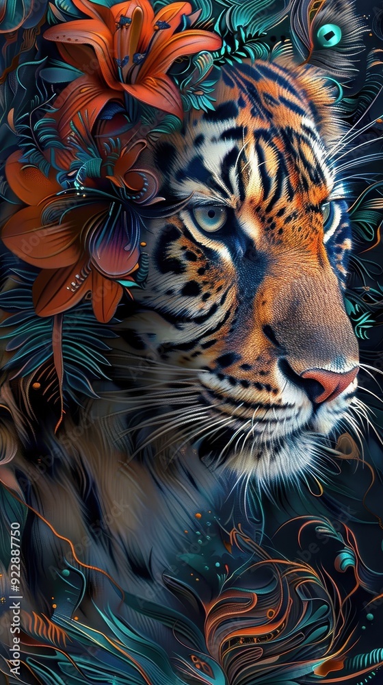 A striking tiger with vivid floral elements creates a captivating and artistic representation of nature A striking tiger with vivid floral elements creates a captivating and artistic representation of nature