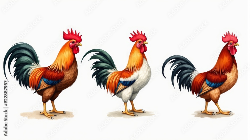 Fototapeta premium Colorful Rooster Illustrations - Three Majestic Roosters with Vibrant Feathers on a White Background