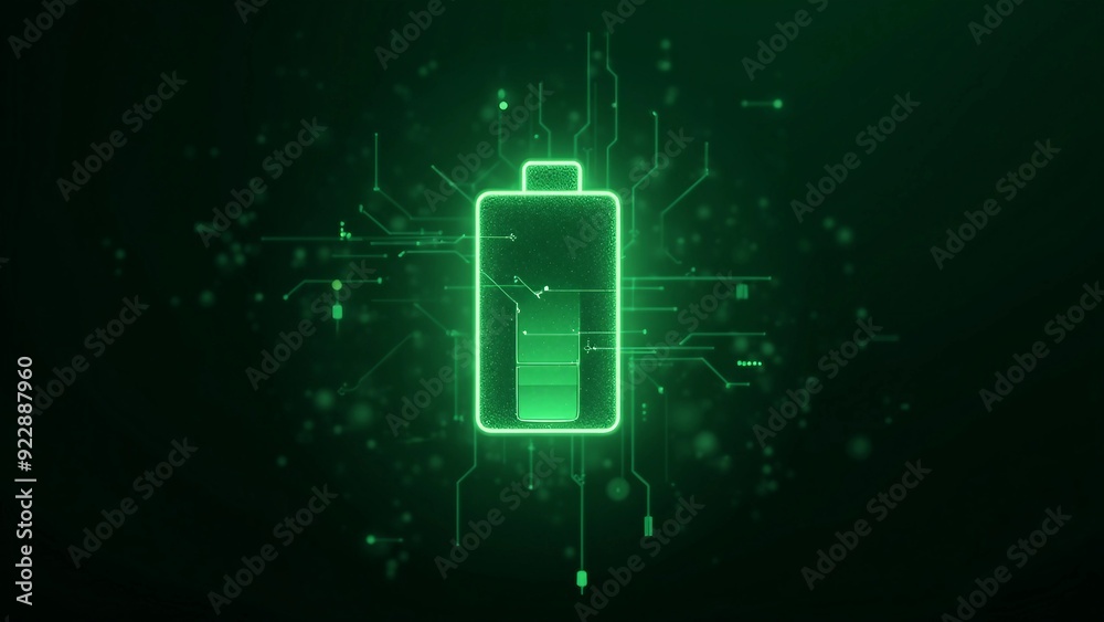Green Glowing Battery Icon with Digital Circuit Connections Green Glowing Battery Icon with Digital Circuit Connections