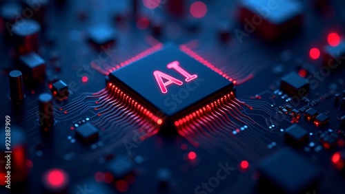 AI Chip on Circuit Board with Glowing Red Lights