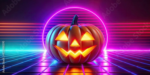 80s retro synthwave style jack-o-lantern with neon colors and glowing effects, halloween, pumpkin, retro, 80s, synthwave photo