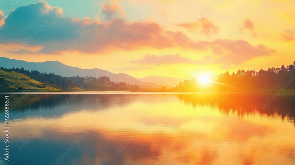 Golden Hour Serenity: A breathtaking panorama of a tranquil lake reflecting the vibrant hues of a magnificent sunset, creating a captivating scene of nature's artistry and serenity. Golden Hour Serenity: A breathtaking panorama of a tranquil lake reflecting the vibrant hues of a magnificent sunset, creating a captivating scene of nature's artistry and serenity.