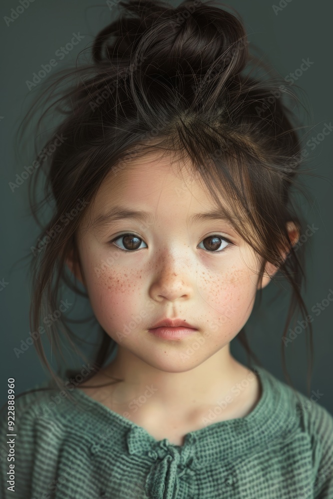 A close-up portrait of a young girl with expressive eyes, freckles, and messy hair, evoking innocence and natural beauty.. A close-up portrait of a young girl with expressive eyes, freckles, and messy hair, evoking innocence and natural beauty..