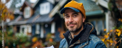 A man wearing a beanie smiles warmly while standing outdoors on a rainy day, exuding a sense of comfort and contentment..