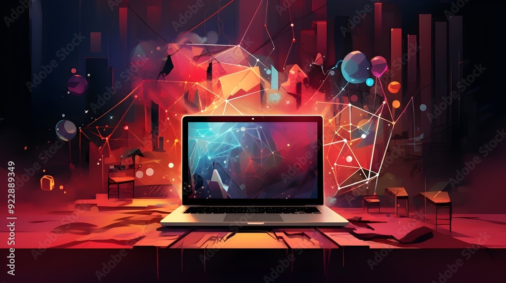 An abstract illustration of a laptop surrounded by a web UHD Wallpaper An abstract illustration of a laptop surrounded by a web UHD Wallpaper