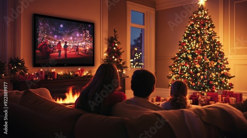 Festive Family Movie Night: Streaming Holiday Film in Cozy Living Room with Christmas Decor and Fireplace Ambiance