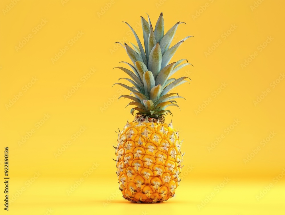 A single pineapple sits on a yellow background. A single pineapple sits on a yellow background.